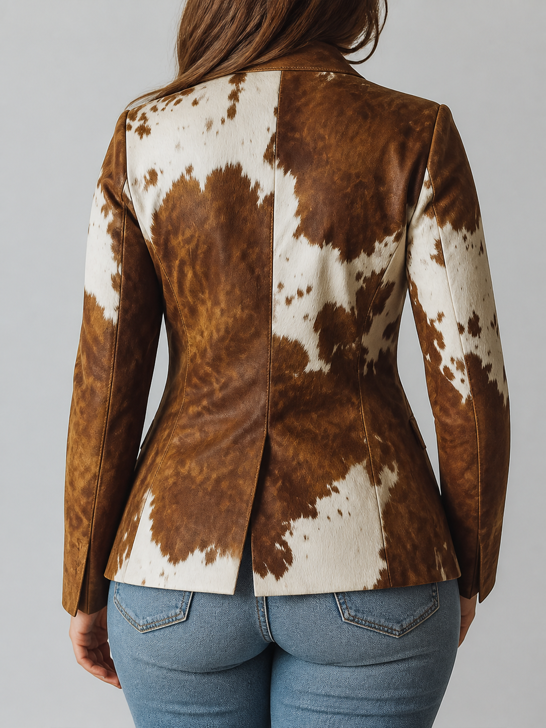 Women’s Vintage Cow Print Eco Friendly Blazer - Plus size model
