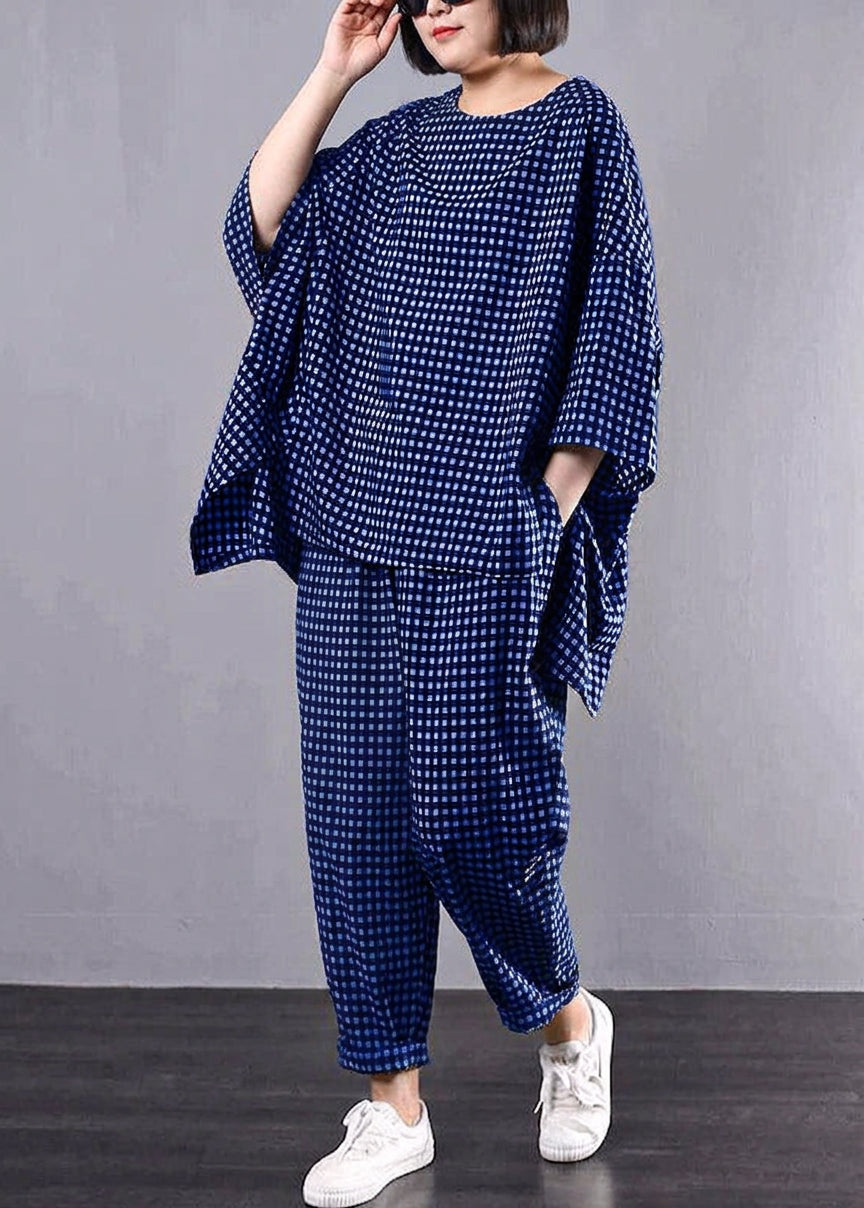 Penelope - Casual Plus Size Cotton Linen red Plaid Vintage Blouse And Pants - Plus size model