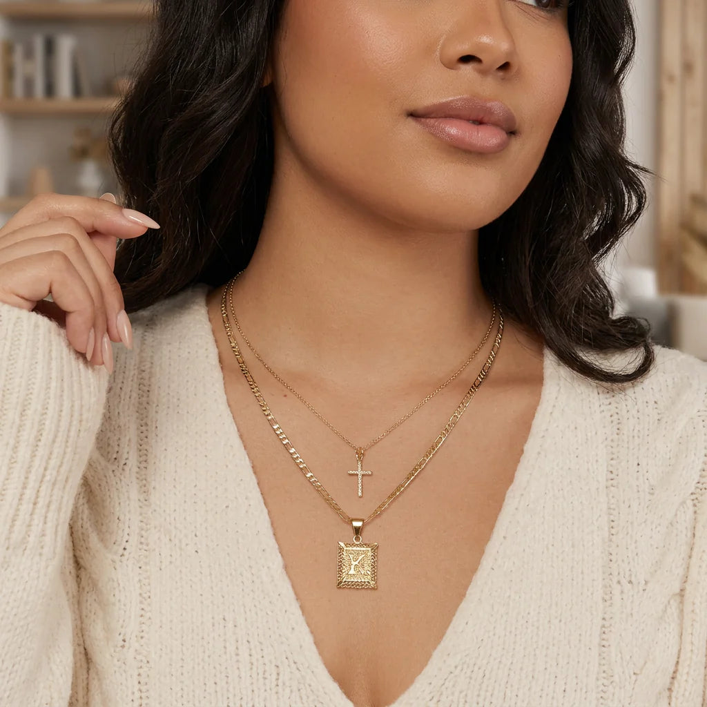 Cross Initial Necklace Set | Gold - Plus size model