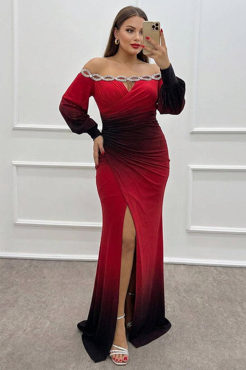 Julieta - Gradient Print Off Shoulder Gem Detail Slit Gown Maxi Dress - Plus size model