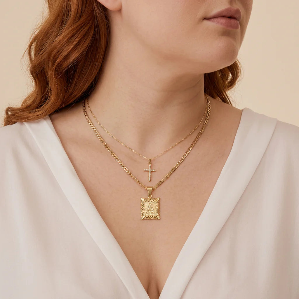 Cross Initial Necklace Set | Gold - Plus size model