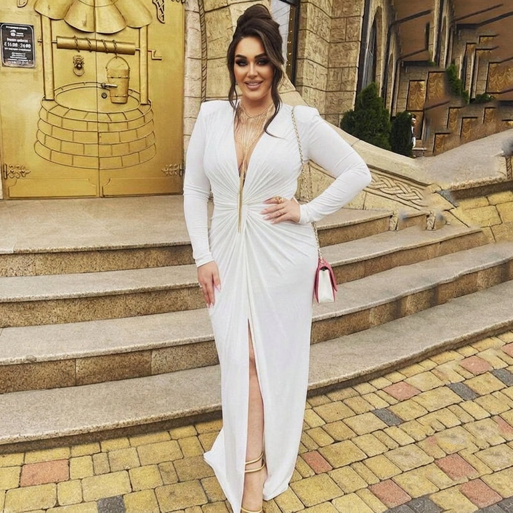 Valentina V-Neck Pleated Dress: Elegant Slim Fit Evening Style - Plus size model