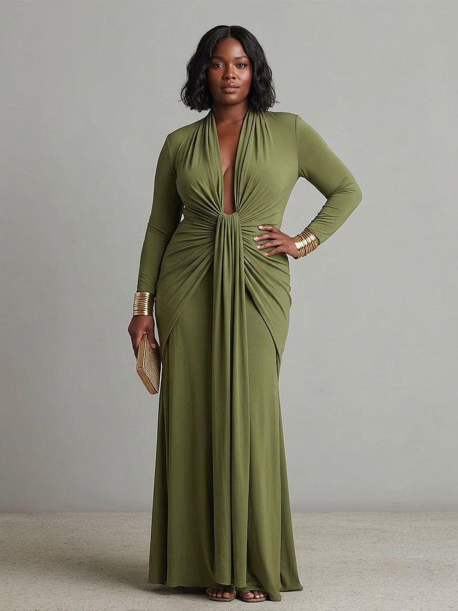 Olive Green Long Dress in Stretch Silk with Deep V-Neck and Ruffled Details, Glamour Maxi Dress - Plus size model