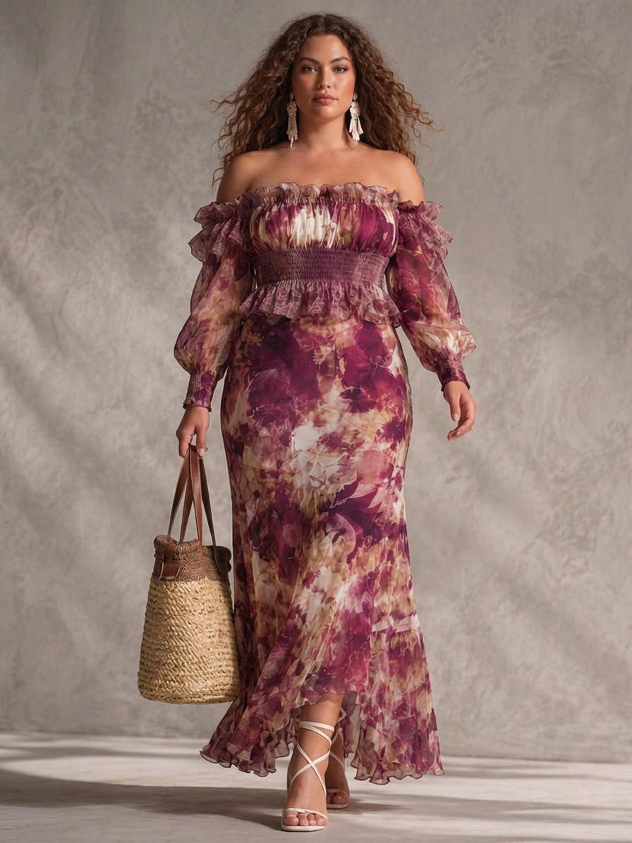 Rose Pink Floral Off-Shoulder Chiffon Maxi Dress - Plus size model