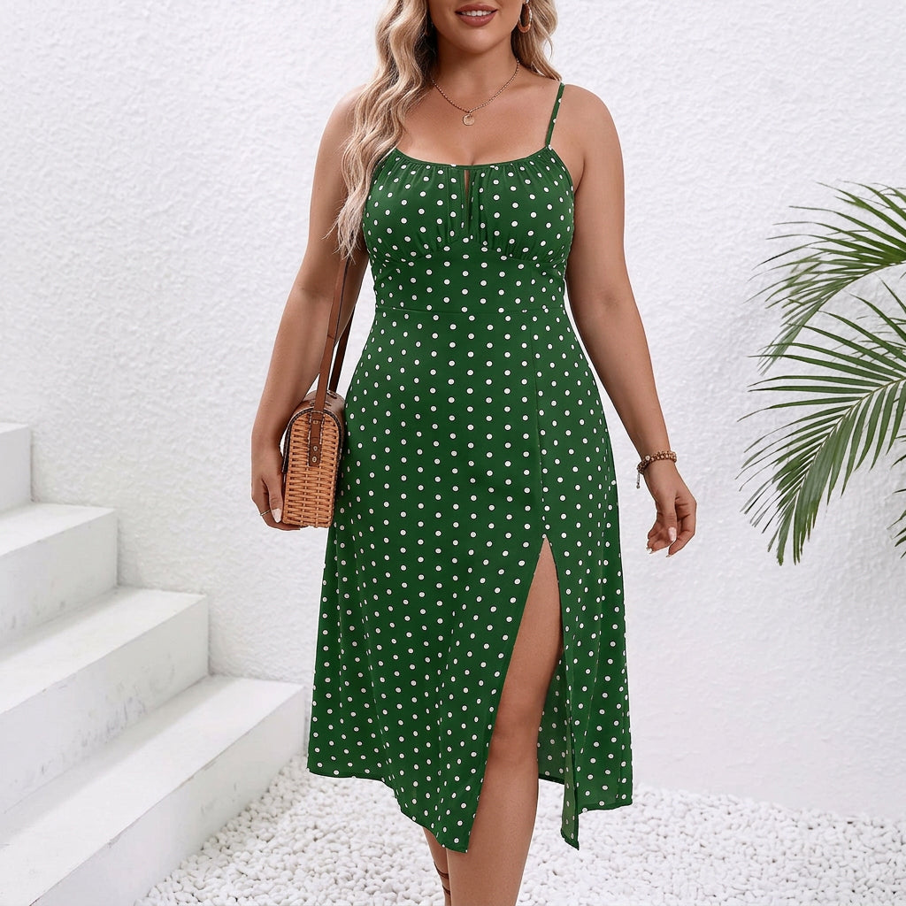 Grace | Polka Dot Side Slit Midi Dress - Plus size model