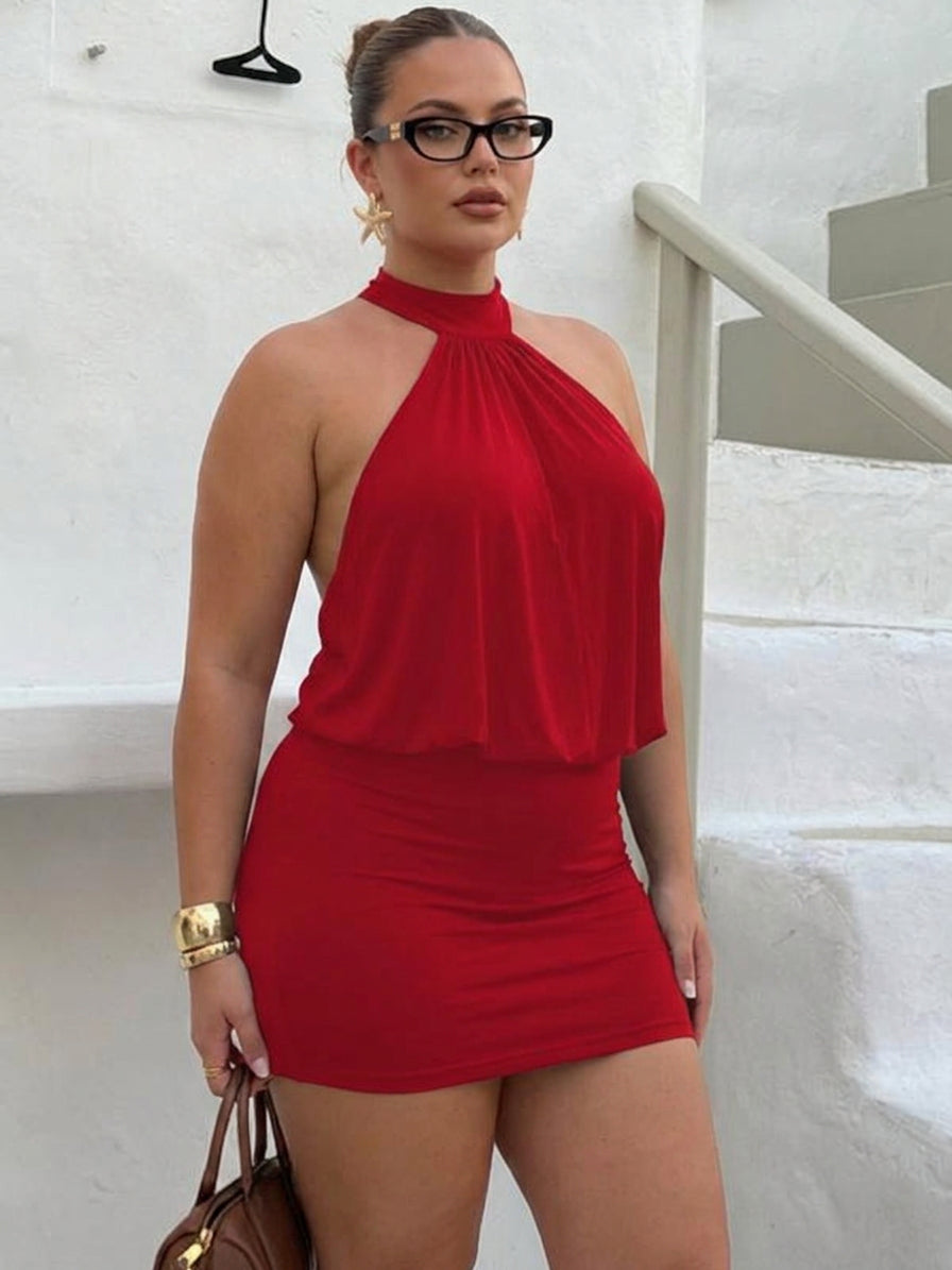 Jiya - Halter Backless Mini Dress - Plus size model