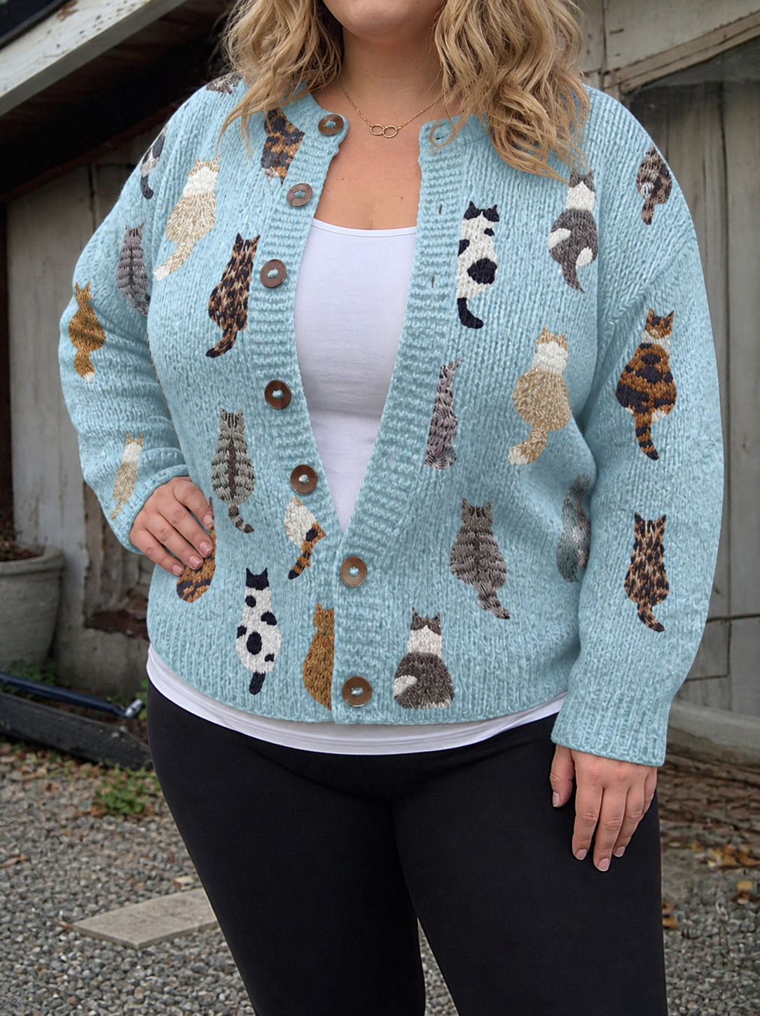 Charlotte | Cozy Cat Print Cardigan - Plus size model
