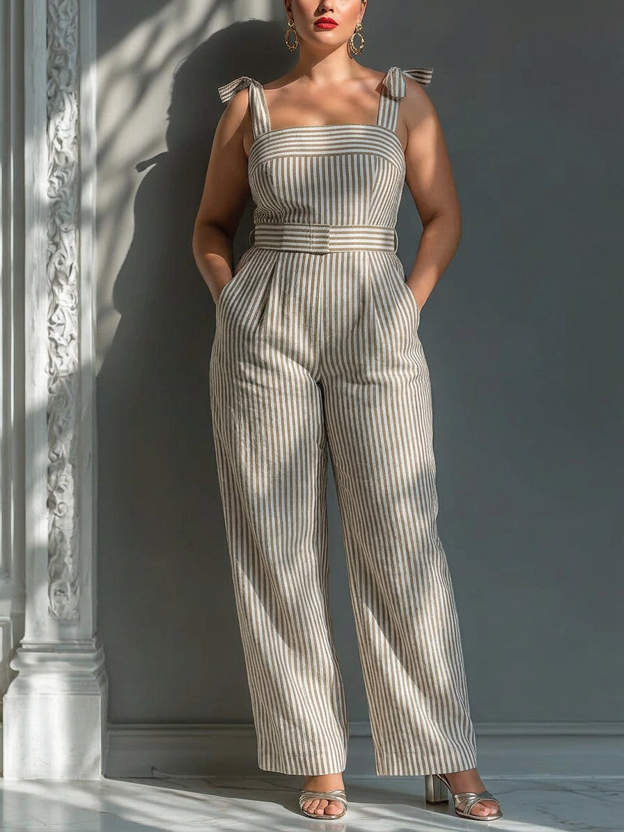 Christina - Beige Stripe Linen-Blend Tie-Shoulder Jumpsuit - Plus size model