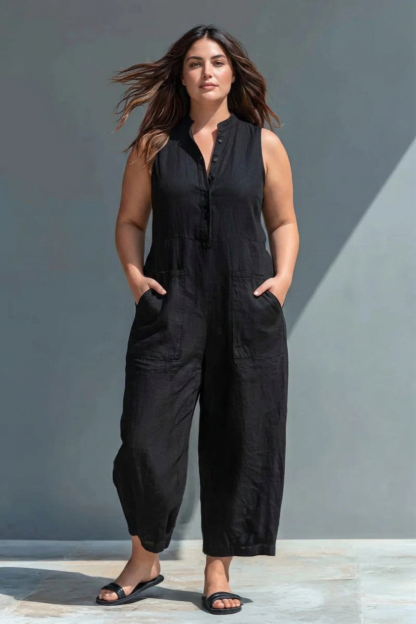 Melissa - Black Linen-Blend Collar Jumpsuit - Plus size model