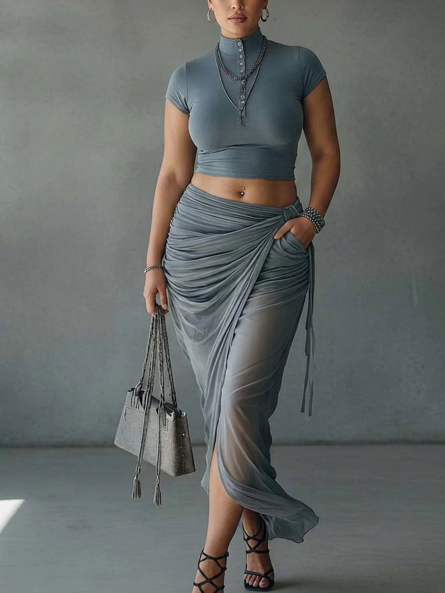 Blue Cropped T-Shirt and Sheer Mesh Draped Skirt Set - Plus size model