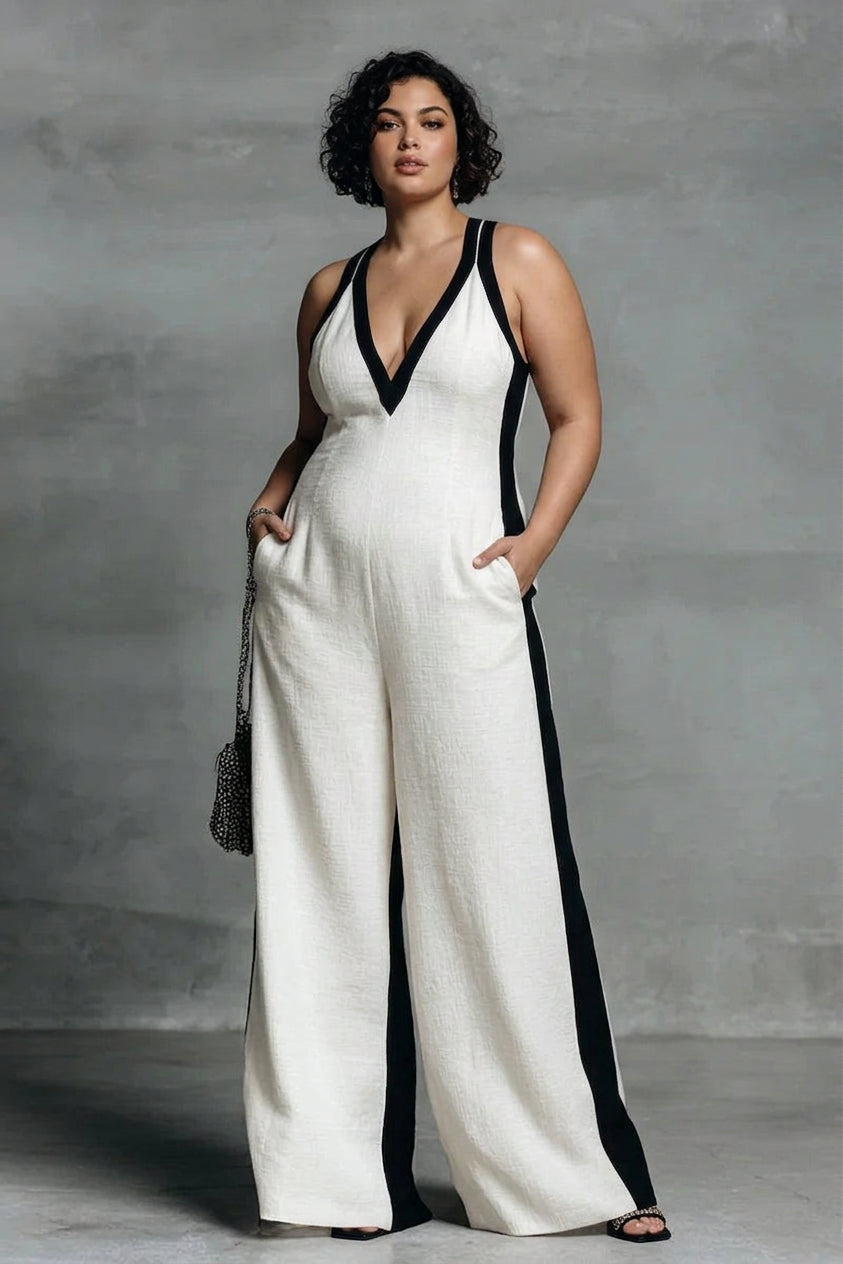 Sarah - Black & White Contrast Stripe Jumpsuit - Plus size model