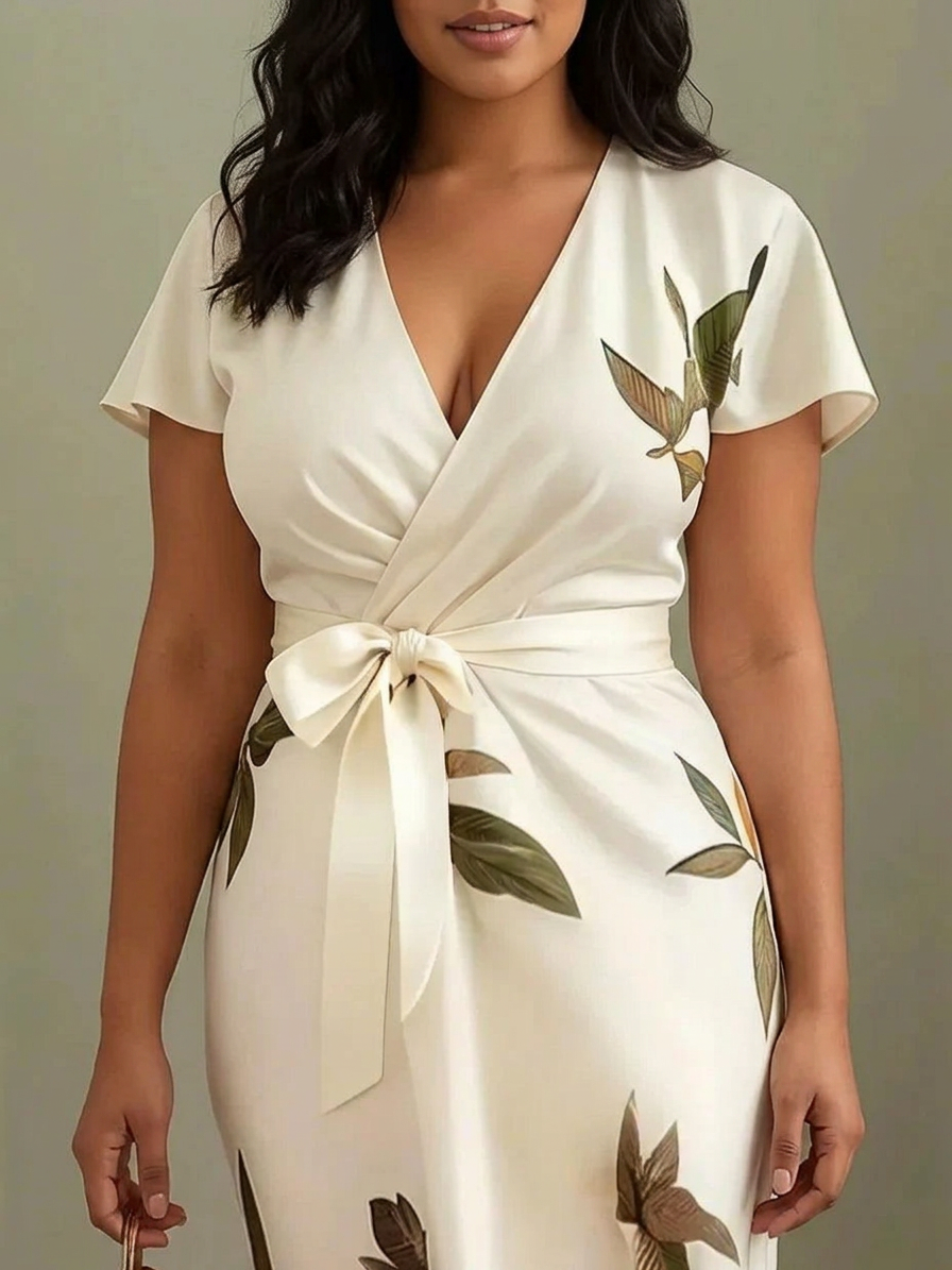 Judy | White Leaf Short Sleeve Satin Midi Dress - Plus size model