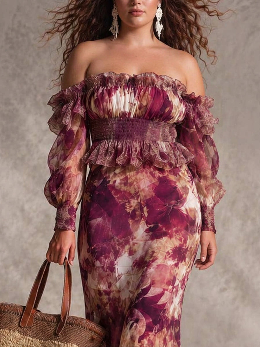 Rose Pink Floral Off-Shoulder Chiffon Maxi Dress - Plus size model