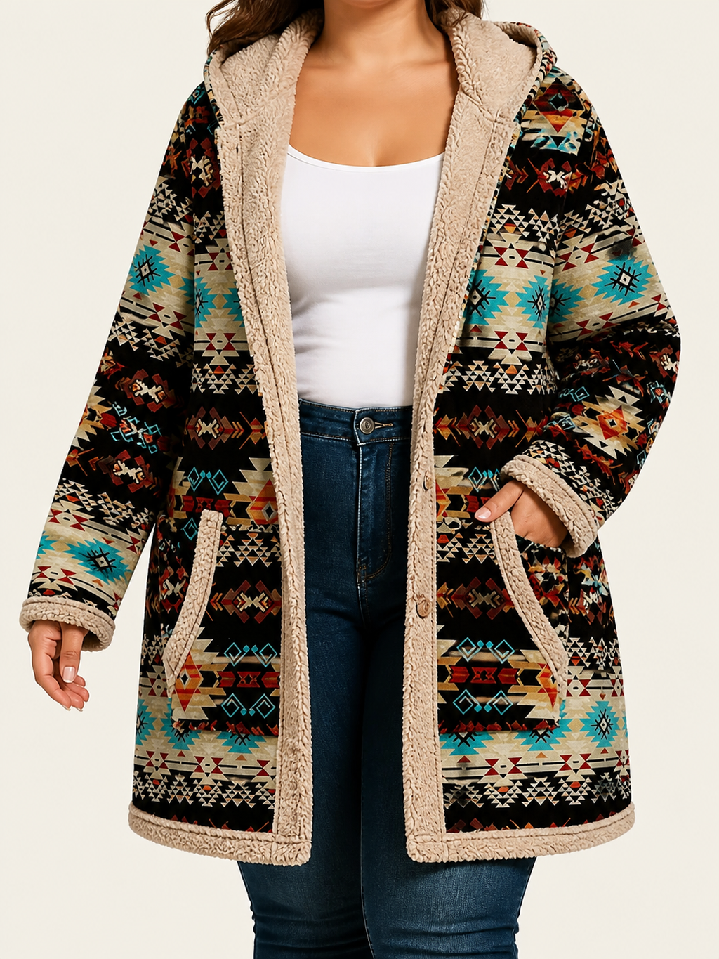 Sableen™ | Hooded Aztec Longline Cardigan - Plus size model