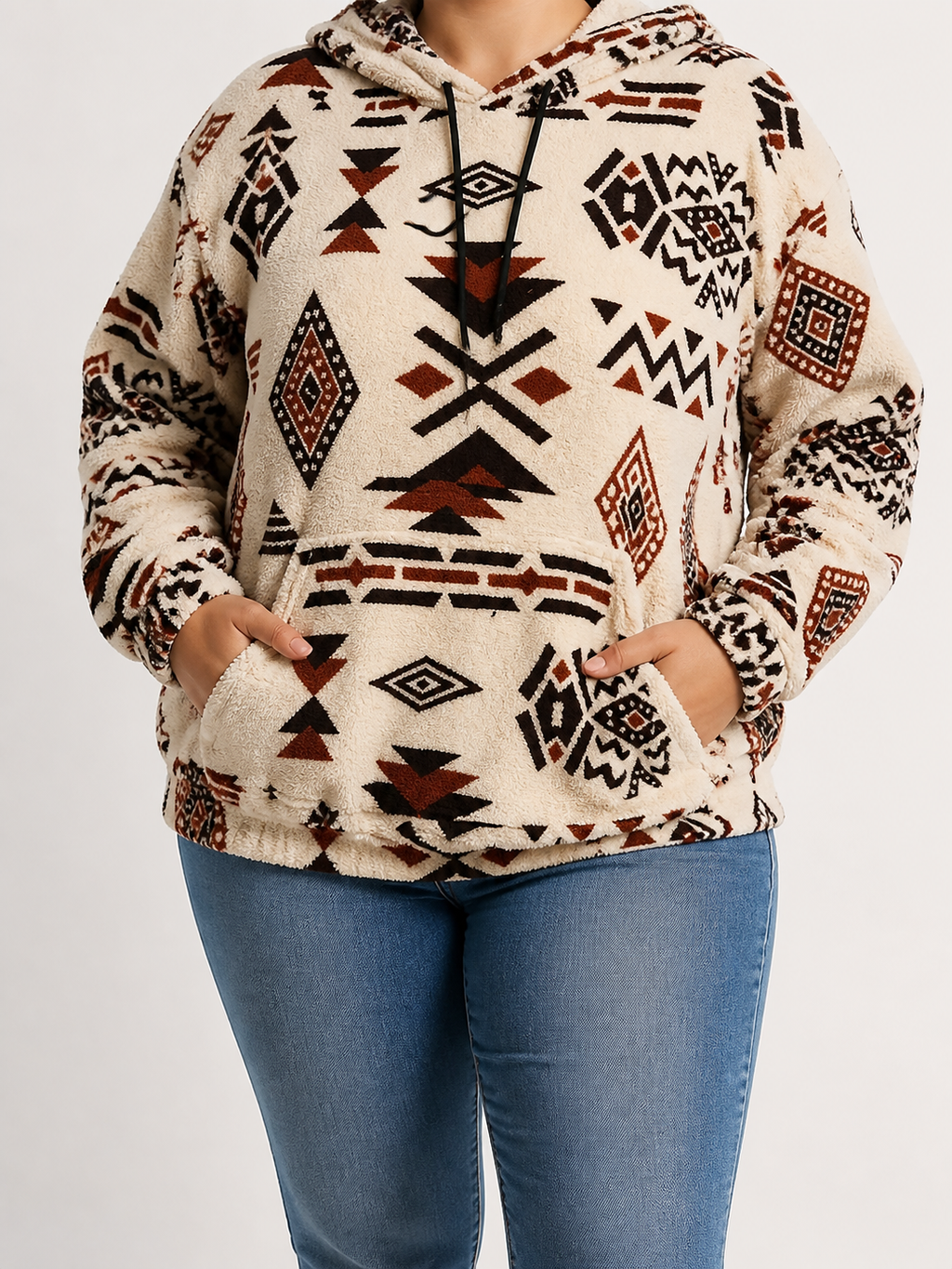 Everly™ | Aztec Plush Hoodie - Plus size model