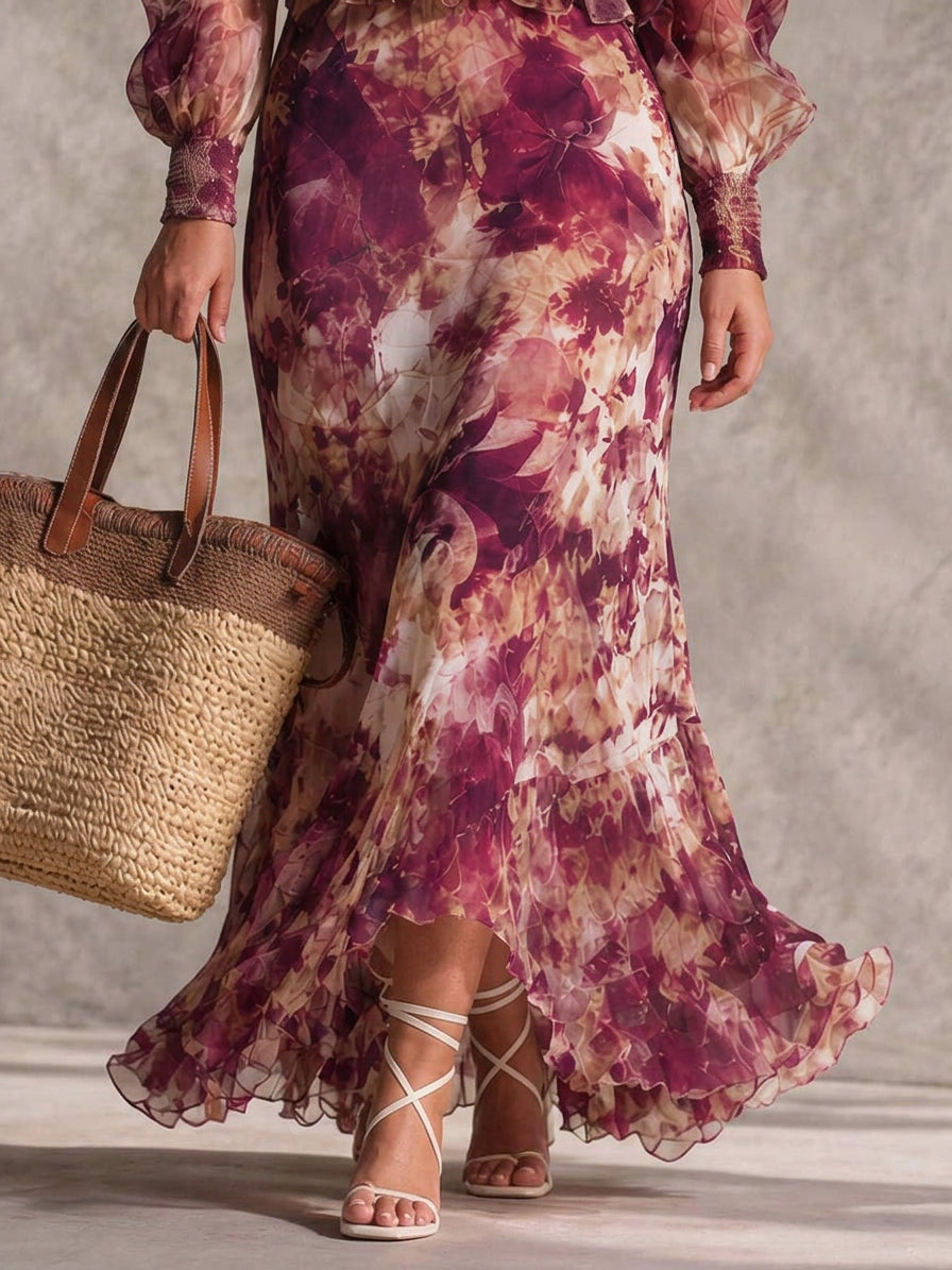 Rose Pink Floral Off-Shoulder Chiffon Maxi Dress - Plus size model