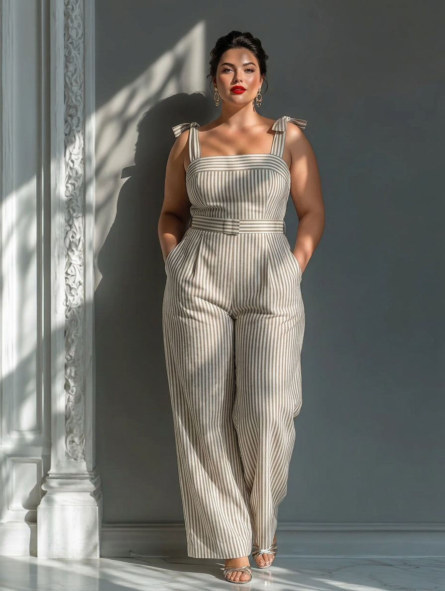 Christina - Beige Stripe Linen-Blend Tie-Shoulder Jumpsuit - Plus size model