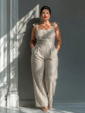 Christina - Beige Stripe Linen-Blend Tie-Shoulder Jumpsuit - Plus size model