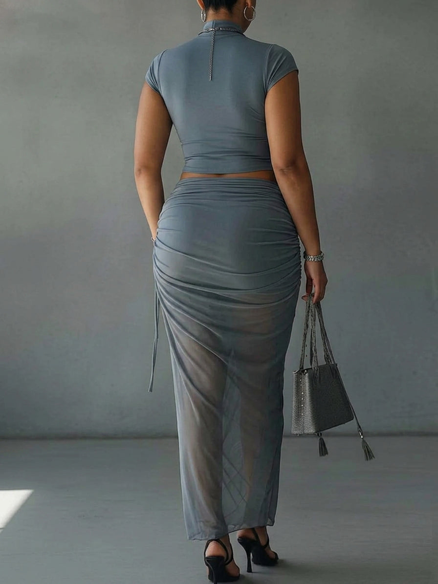 Blue Cropped T-Shirt and Sheer Mesh Draped Skirt Set - Plus size model