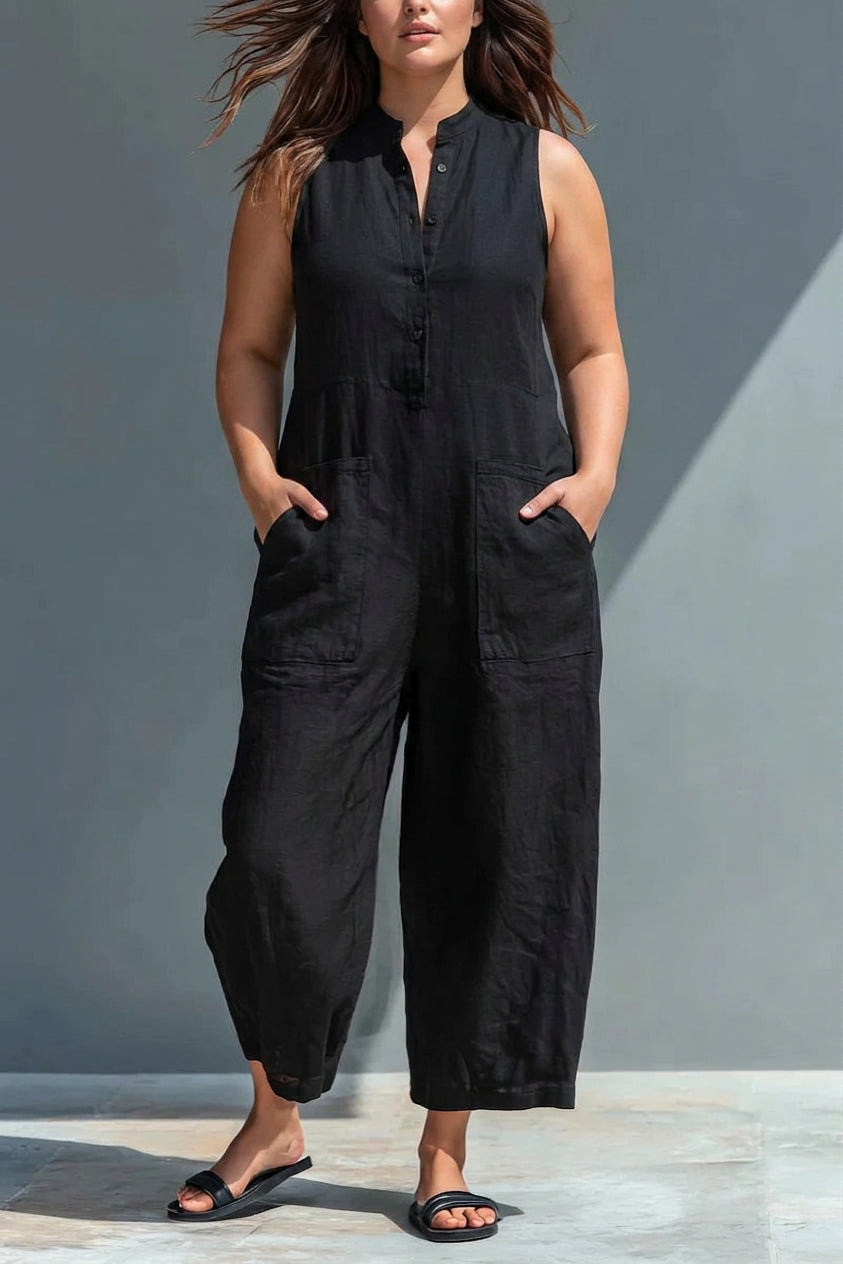 Melissa - Black Linen-Blend Collar Jumpsuit - Plus size model