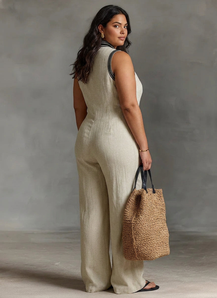 Stephanie - Embroidered Linen Jumpsuit - Plus size model