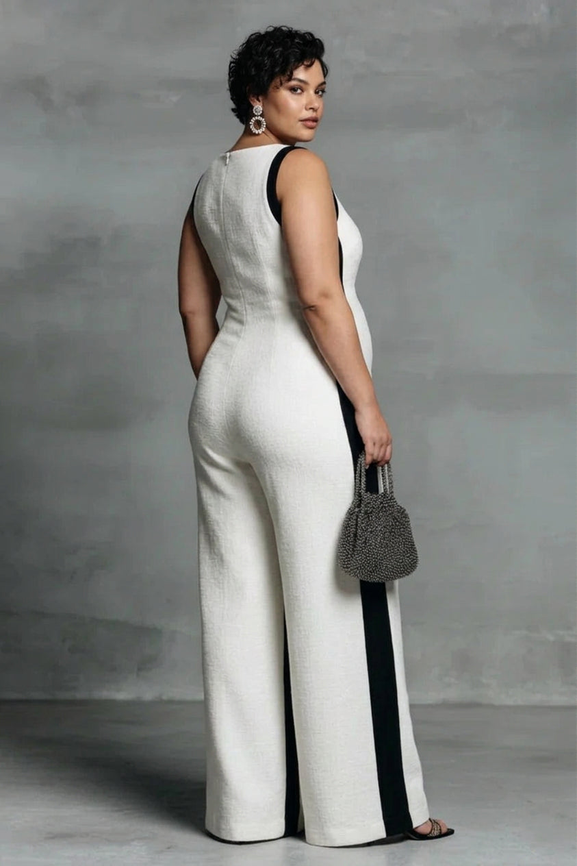 Sarah - Black & White Contrast Stripe Jumpsuit - Plus size model