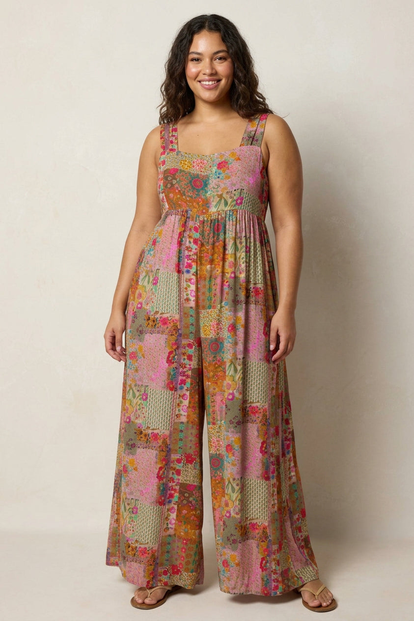 Remington - Boho Patchwork Floral Square-Neck Sleeveless Wide-Leg Jumpsuit - Plus size model