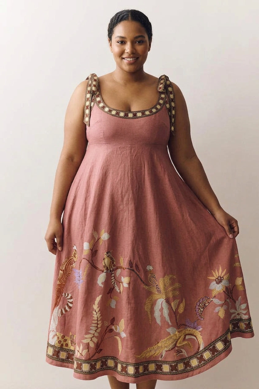 Monroe - Linen Blend Unique Printed Tie-up Suspenders Pocket Elegant Maxi Dress - Plus size model