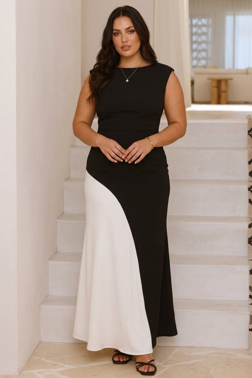 Paisley - Black and White Color Block Sleeveless Evening Gown - Plus size model