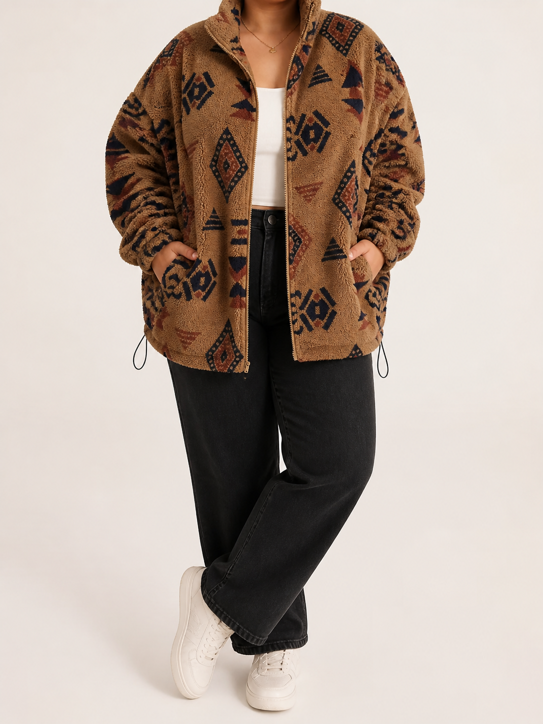 Roanne™ | Camel Aztec Sherpa Bomber - Plus size model