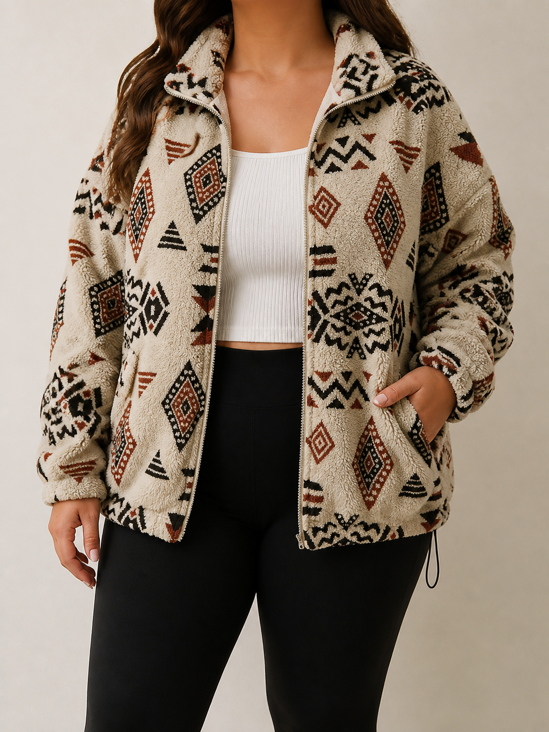 Juniper™ | Aztec Sherpa Bomber - Plus size model