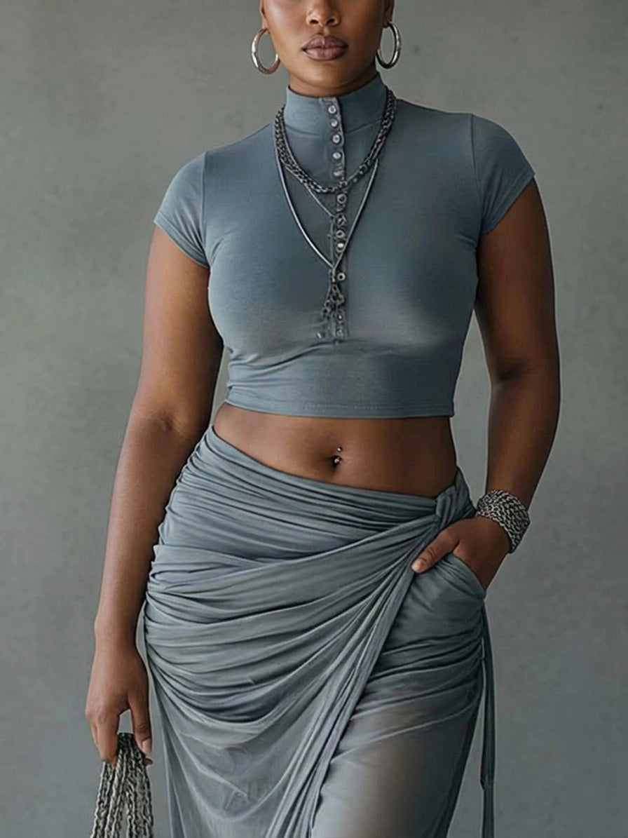 Blue Cropped T-Shirt and Sheer Mesh Draped Skirt Set - Plus size model