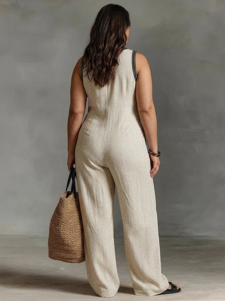Stephanie - Embroidered Linen Jumpsuit - Plus size model