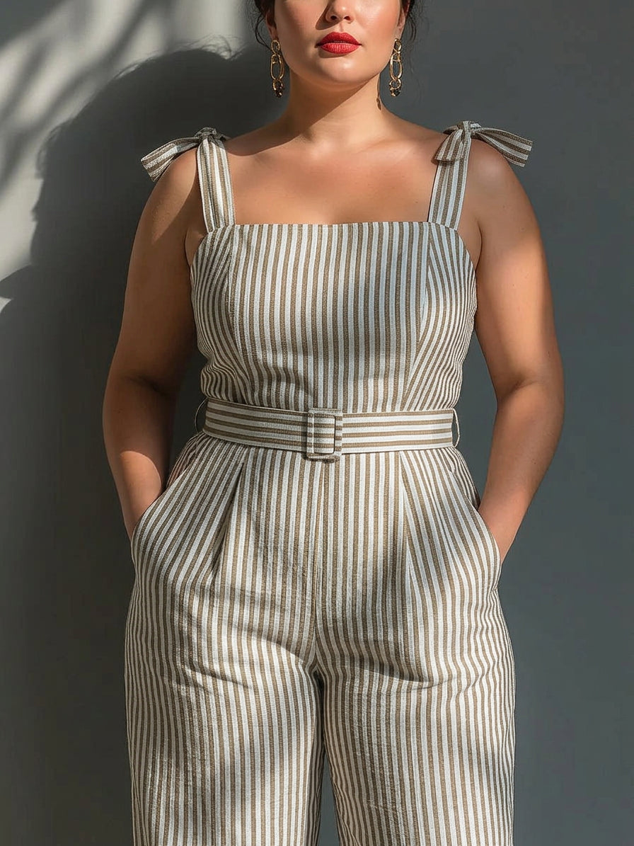 Christina - Beige Stripe Linen-Blend Tie-Shoulder Jumpsuit - Plus size model