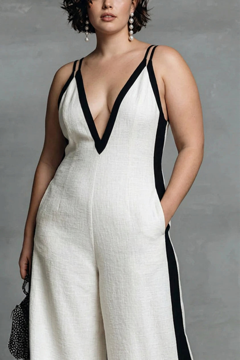 Sarah - Black & White Contrast Stripe Jumpsuit - Plus size model