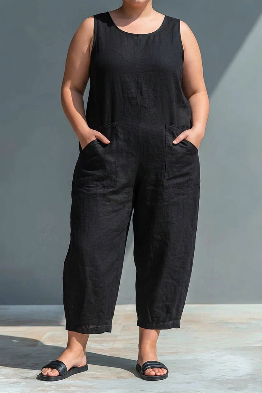 Melissa - Black Linen-Blend Collar Jumpsuit - Plus size model