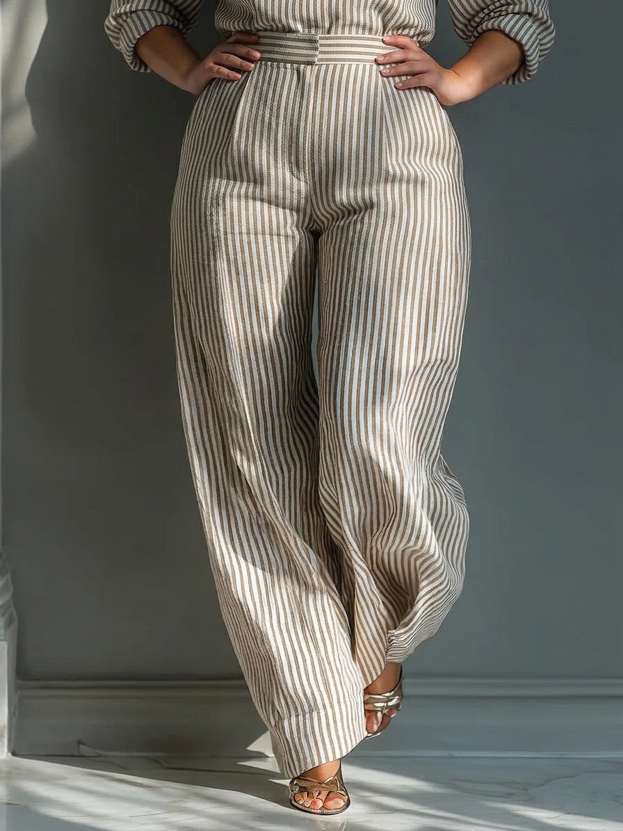 Christina - Beige Stripe Linen-Blend Tie-Shoulder Jumpsuit - Plus size model