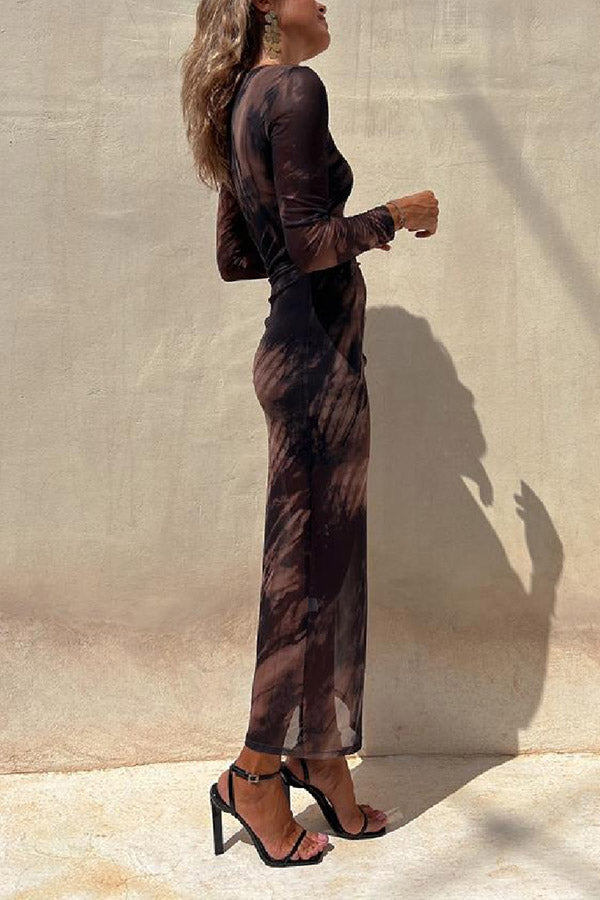 Jasmine - Charm Lady Mesh Overlay Tie Dye Print Long Sleeve Ruched Stretch Midi Dress
