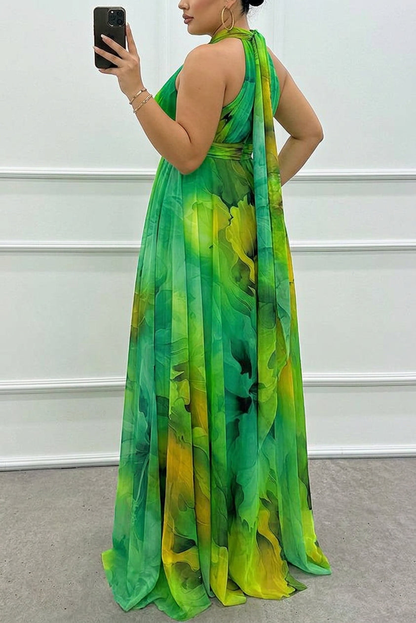 Elaine - Tulle maxi dress with floral print, cut-outs and halterneck - Plus size model