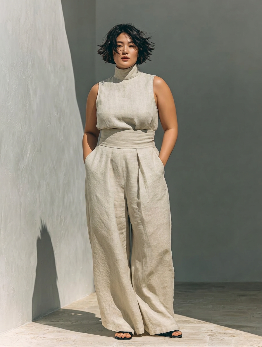 Set consisting of a sleeveless blouse and wide-leg pants made of a cotton-linen blend. - Plus size model