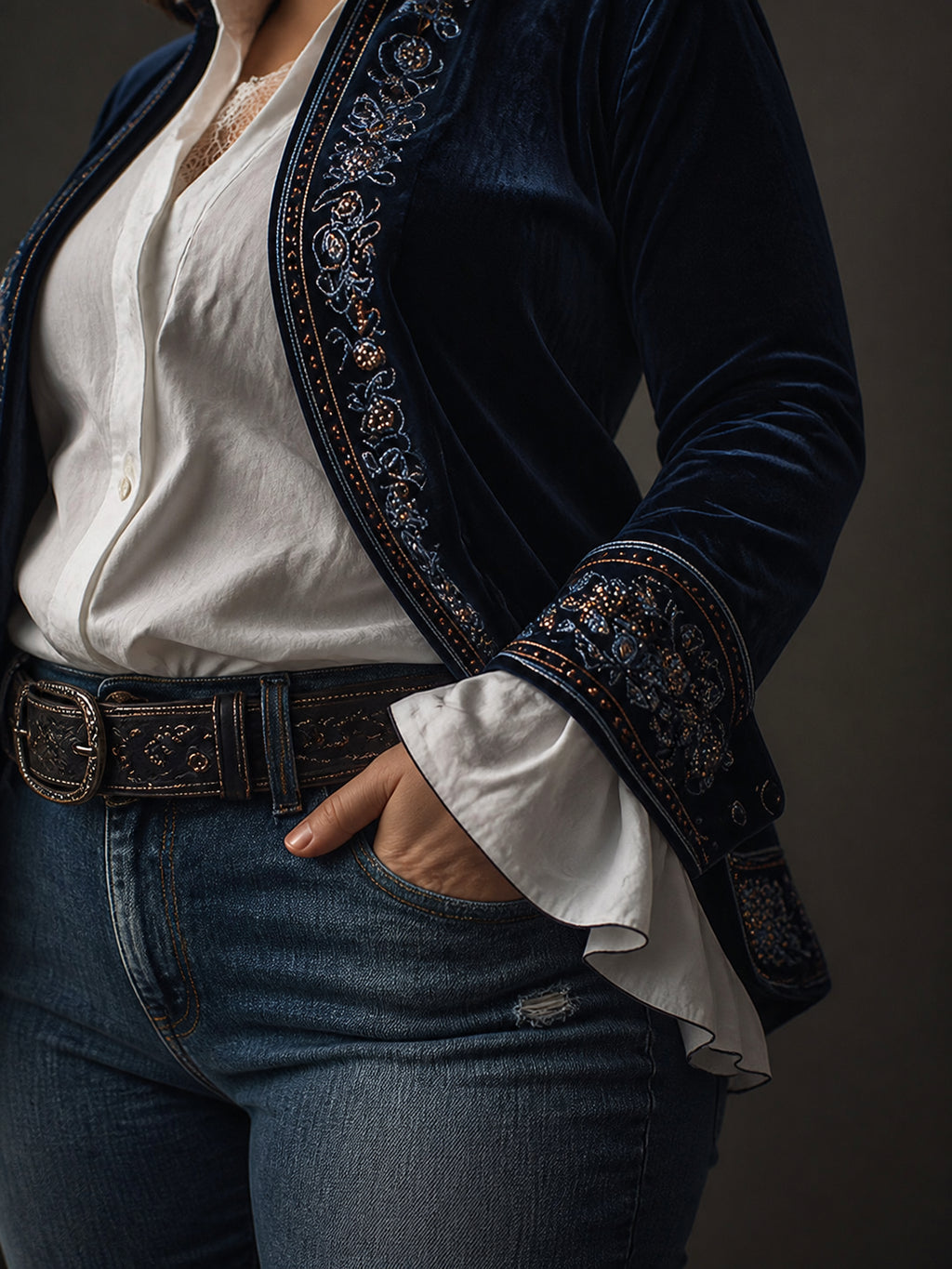 Women’s Vintage Navy Embroidered Longline Jacket - Plus size model