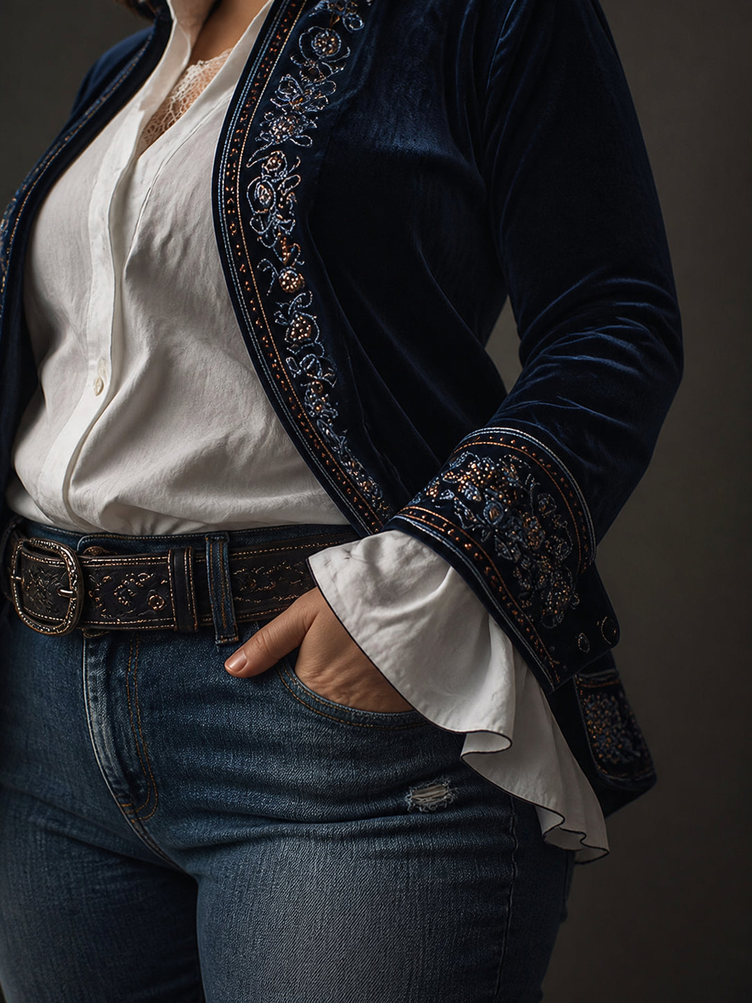 Women’s Vintage Navy Embroidered Longline Jacket - Plus size model
