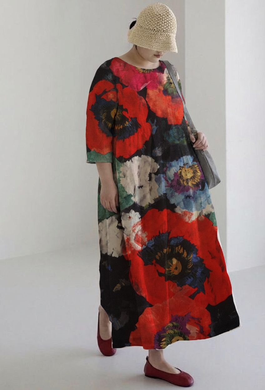 Women's Casual Large Skirt Plant Print Long Sleeve Midi Dress Holiday Dress - Plus size model