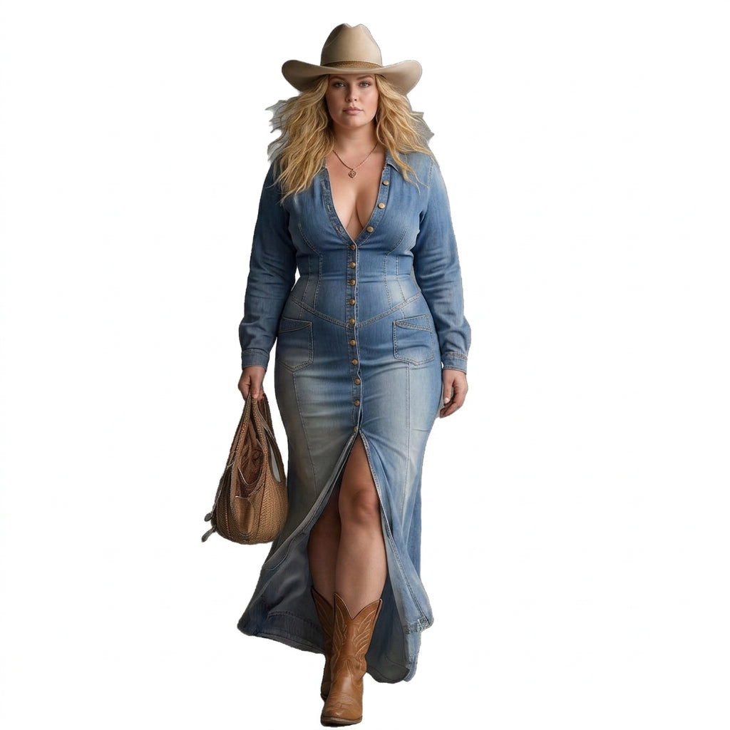 Paisley Maxi Denim Dress - Plus size model