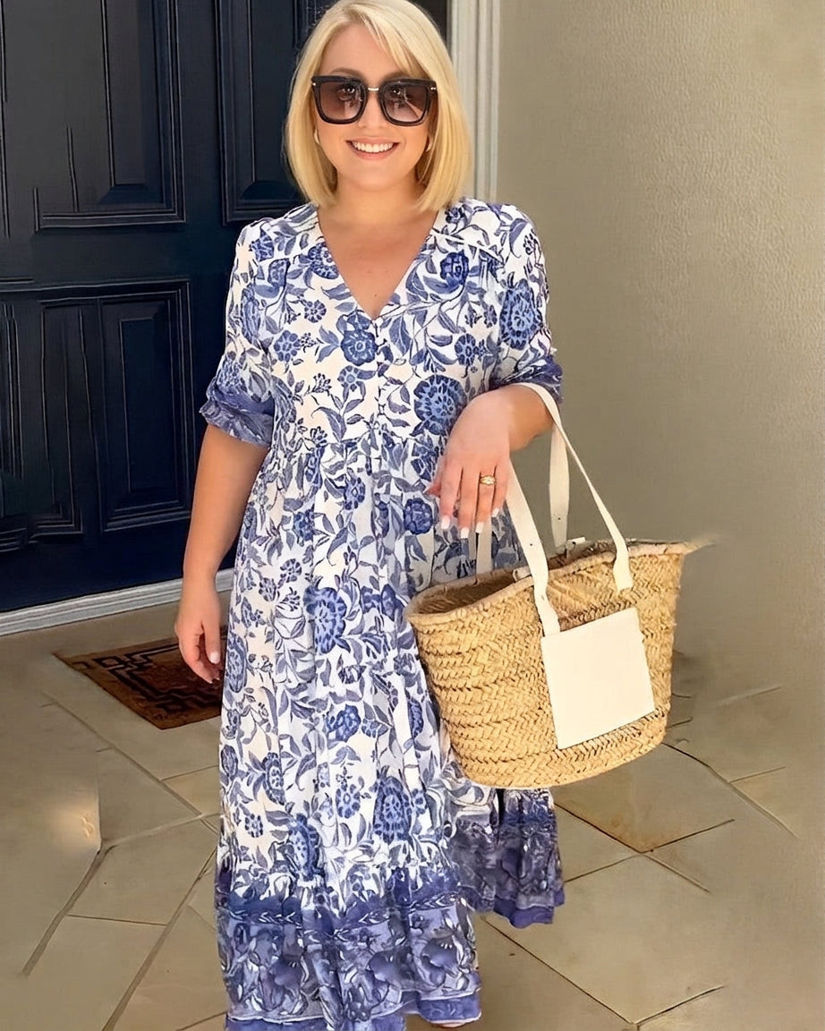Ellie | Graceful V-Neck Floral Dress - Plus size model