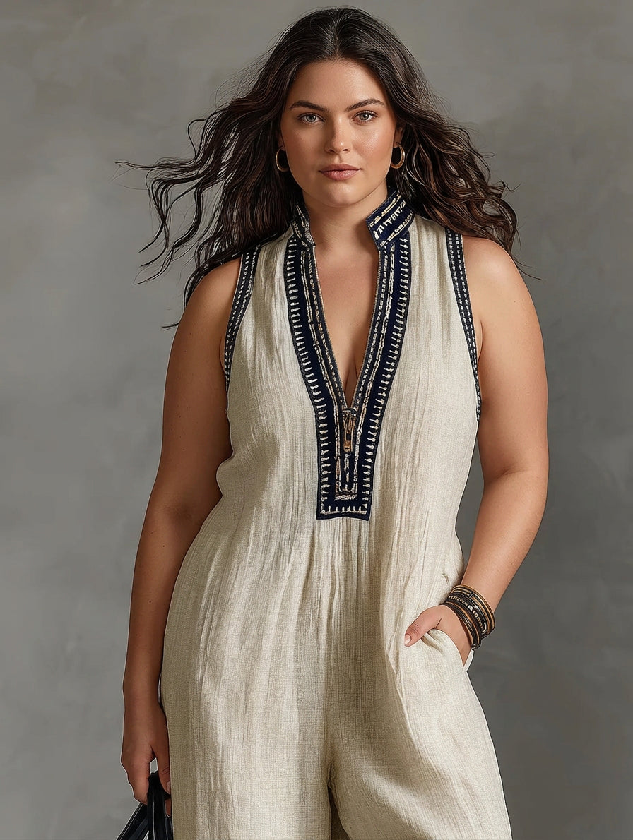 Stephanie - Embroidered Linen Jumpsuit - Plus size model