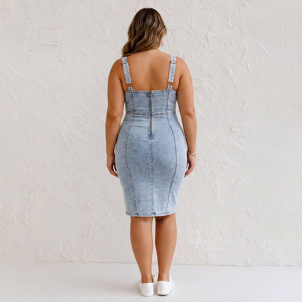 Megan | Vintage Wash Denim Bodycon Midi Dress - Plus size model