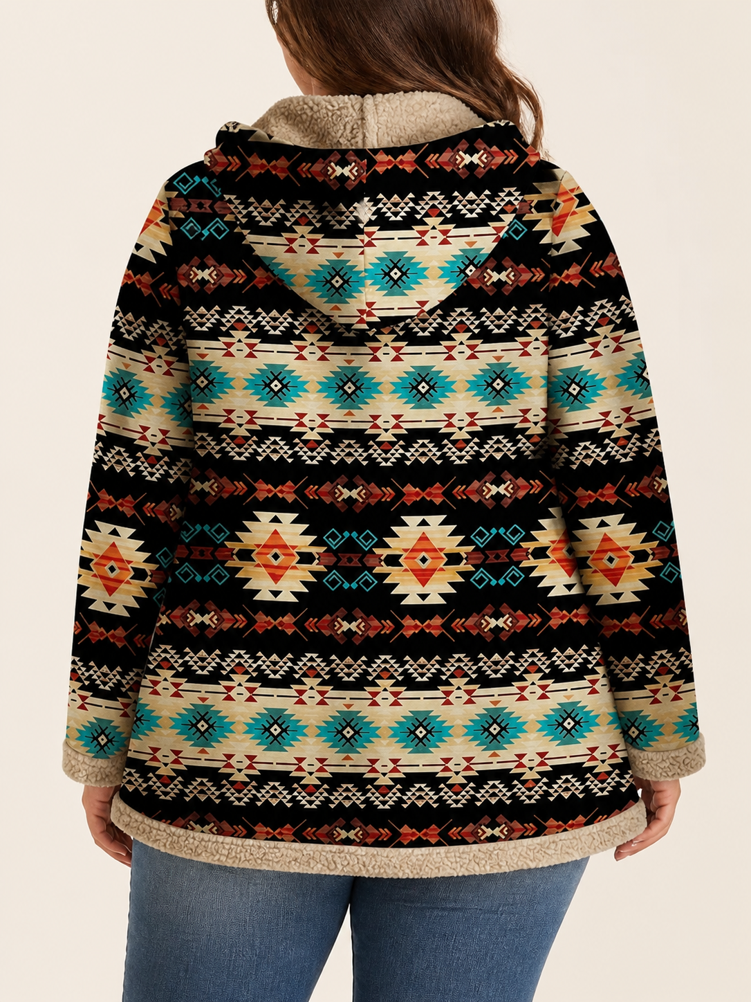 Sableen™ | Hooded Aztec Longline Cardigan - Plus size model