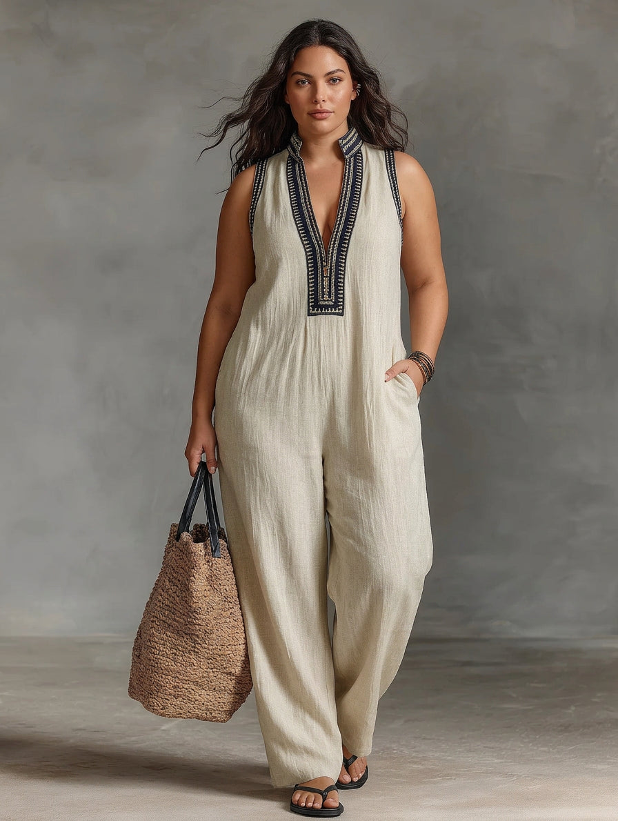 Stephanie - Embroidered Linen Jumpsuit - Plus size model
