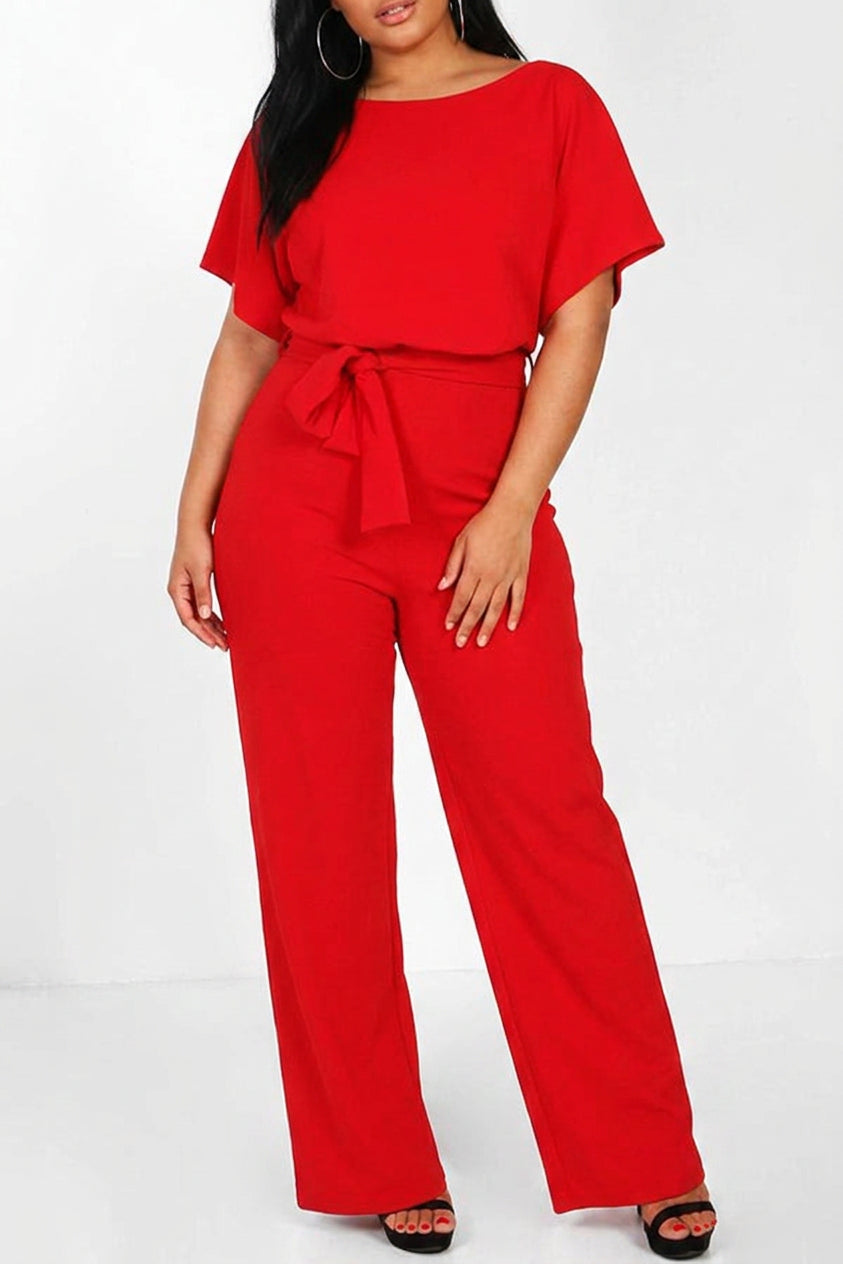 Delaney - Summer button tie short sleeved Jumpsuit - Plus size model
